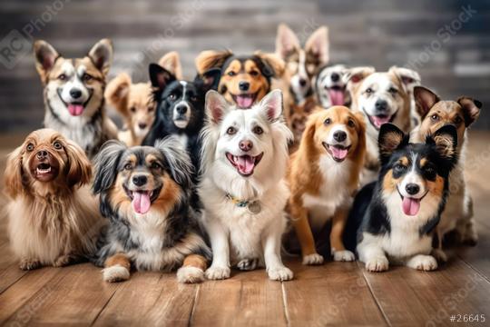 A lively group of diverse dogs, showcasing a variety of breeds, colors, and expressions, gathered together in front of a wooden backdrop, all appearing happy and excited  : Stock Photo or Stock Video Download rcfotostock photos, images and assets rcfotostock | RC Photo Stock.: