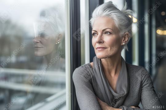 A mature woman with white hair looks contemplatively out a window, reflecting an urban scene, while wrapped in a gray shaw  : Stock Photo or Stock Video Download rcfotostock photos, images and assets rcfotostock | RC Photo Stock.: