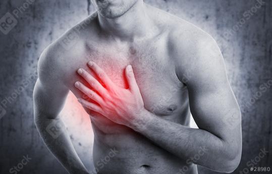 A shirtless man clutching his chest with a highlighted red area symbolizing chest pain, heart health, or a medical issue, set against a grayscale background for emphasis.  : Stock Photo or Stock Video Download rcfotostock photos, images and assets rcfotostock | RC Photo Stock.: