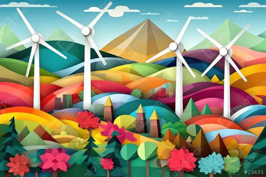 A vivid, three-dimensional papercraft depiction of wind turbines, colorful rolling hills, geometric mountains, and blooming flowers under a cloud-filled sky  : Stock Photo or Stock Video Download rcfotostock photos, images and assets rcfotostock | RC Photo Stock.: