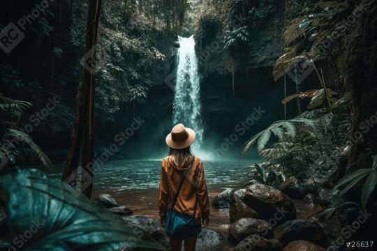 A woman in a hat and jacket stands captivated by a breathtaking waterfall amidst a dark, verdant tropical forest, with mist hovering over the water