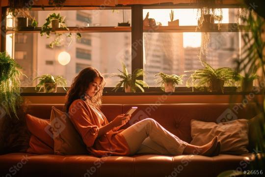 A woman relaxes on a leather sofa near a window filled with potted plants, bathed in warm sunlight, while looking at her phone  : Stock Photo or Stock Video Download rcfotostock photos, images and assets rcfotostock | RC Photo Stock.:
