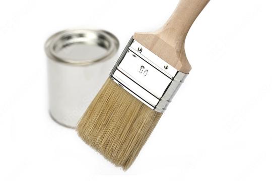 A wooden-handled paintbrush with soft bristles positioned near an open metal paint can on a white background  : Stock Photo or Stock Video Download rcfotostock photos, images and assets rcfotostock | RC Photo Stock.: