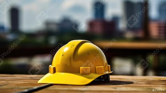 A yellow safety helmet rests on a wooden surface with a blurred cityscape comprising tall buildings and bridges in the background  : Stock Photo or Stock Video Download rcfotostock photos, images and assets rcfotostock | RC Photo Stock.:
