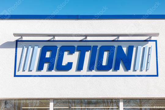 AACHEN, GERMANY FEBRUARY, 2017: ACTION Store Logo. ACTION is a International non-food discounter with over 35,000 employees and more than 850 branches in the Netherlands, Belgium, Germany, France.  : Stock Photo or Stock Video Download rcfotostock photos, images and assets rcfotostock | RC Photo Stock.: