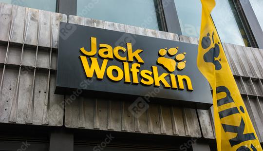 AACHEN, GERMANY FEBRUARY, 2017: Jack Wolfskin store sign. Jack Wolfskin is a major German producer of outdoor wear and equipment headquartered in Idstein. It was founded in 1981.  : Stock Photo or Stock Video Download rcfotostock photos, images and assets rcfotostock | RC Photo Stock.: