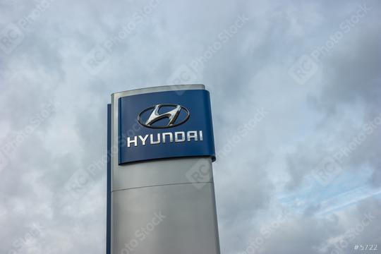 AACHEN, GERMANY FEBRUARY, 2017: Logotype of Hyundai corporation over cloudy Sky.  Hyundai is the South Korea