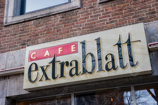 AACHEN, GERMANY JANUARY, 2017: the logo of "Cafe extrablatt". Cafe Extrablatt is a German company of the Systemgastronomie, located in Emsdetten.  : Stock Photo or Stock Video Download rcfotostock photos, images and assets rcfotostock | RC Photo Stock.: