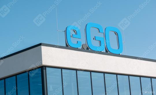 AACHEN, GERMANY JULY 2019: Logo of e.GO Mobile on the entrance to the company