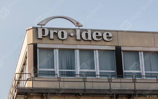 AACHEN, GERMANY JULY 2019: Pro Idee logo on the entrance to the  headquarters. Pro-Idee GmbH & Co KG is a mail-order company. The company is specialized unusual products and technical novelties.  : Stock Photo or Stock Video Download rcfotostock photos, images and assets rcfotostock | RC Photo Stock.: