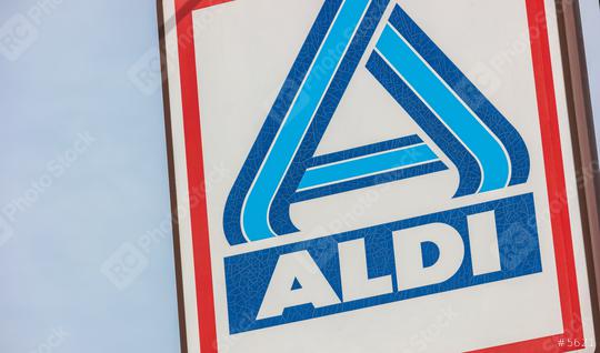 AACHEN, GERMANY OCTOBER, 2017: Aldi sign (north division) against blue sky. The German-based discount supermarket chain currently operates over 10,000 stores in 18 countries.  : Stock Photo or Stock Video Download rcfotostock photos, images and assets rcfotostock | RC Photo Stock.:
