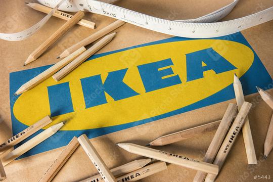 AACHEN, GERMANY OCTOBER, 2017: IKEA pencils placed and tape measure on a IKEA paper bag. IKEA Founded in Sweden in 1943, Ikea is the world
