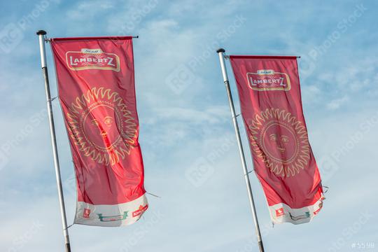 AACHEN, GERMANY OCTOBER, 2017: Lambertz factory flags. The Lambertz Group is a Aachener Printen- and chocolate factory founded by Henry Lambertz 1688 and a manufacturer Christmas cookies.  : Stock Photo or Stock Video Download rcfotostock photos, images and assets rcfotostock | RC Photo Stock.: