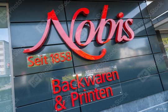 AACHEN, GERMANY OCTOBER, 2017: Nobis Store Logo. Nobis Printen is a family-run bakery company since 1858, with 38 bakeries and bakery cafes in and around Aachen germany.  : Stock Photo or Stock Video Download rcfotostock photos, images and assets rcfotostock | RC Photo Stock.: