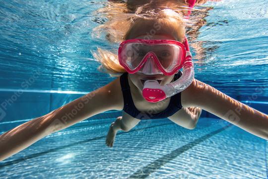 active kid in snorkeling mask dive underwater for swimming lessons  in swimming pool.  : Stock Photo or Stock Video Download rcfotostock photos, images and assets rcfotostock | RC Photo Stock.: