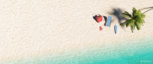 Aerial top view  of sandy beach and ocean and beach chair flip-flop sandals, umbrella and suit case under a palm tree at the beach during a summer vacation in the Caribbean, , banner size, copy space   : Stock Photo or Stock Video Download rcfotostock photos, images and assets rcfotostock | RC Photo Stock.: