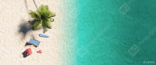 Aerial top view  of sandy beach and ocean and beach chair flip-flop sandals, umbrella and suit case under a palm tree at the beach during a summer vacation in the Caribbean  : Stock Photo or Stock Video Download rcfotostock photos, images and assets rcfotostock | RC Photo Stock.: