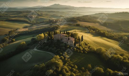 Aerial view of a villa amidst rolling hills during sunset  : Stock Photo or Stock Video Download rcfotostock photos, images and assets rcfotostock | RC Photo Stock.: