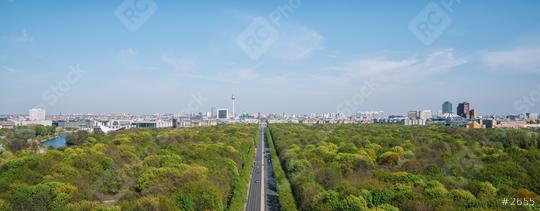 Aerial view of Berlin skyline panorama with Grosser Tiergarten public park on a sunny day with blue sky and clouds in summer seen from Berlin Victory Column (Berliner Siegessaeule), Germany  : Stock Photo or Stock Video Download rcfotostock photos, images and assets rcfotostock | RC Photo Stock.: