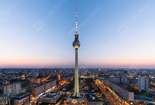 Aerial view of Berlin skyline with famous TV tower at Alexanderplatz and dramatic clouds in twilight during blue hour at dusk, Germany  : Stock Photo or Stock Video Download rcfotostock photos, images and assets rcfotostock | RC Photo Stock.: