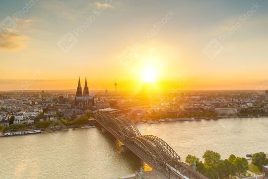 aerial view of Cologne at dusk in summer  : Stock Photo or Stock Video Download rcfotostock photos, images and assets rcfotostock | RC Photo Stock.: