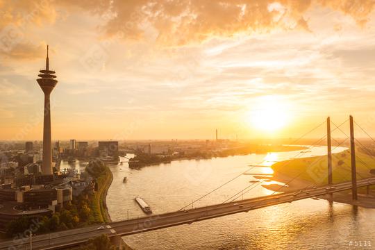 aerial view of dusseldorf at sunset with the Rheinknie Bridge  : Stock Photo or Stock Video Download rcfotostock photos, images and assets rcfotostock | RC Photo Stock.: