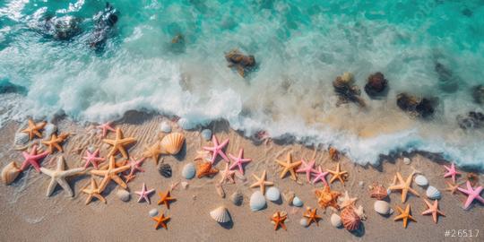 Aerial view of starfish and shells by the turquoise sea waves  : Stock Photo or Stock Video Download rcfotostock photos, images and assets rcfotostock | RC Photo Stock.: