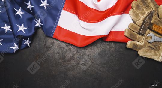 American flag on dark metallic board with old and worn work gloves, Labor day concept image, copy space for text  : Stock Photo or Stock Video Download rcfotostock photos, images and assets rcfotostock | RC Photo Stock.: