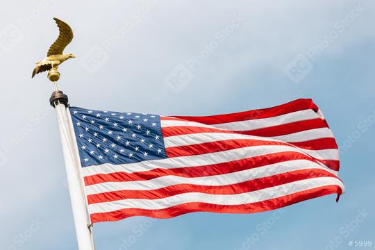 American flag with Bald Eagle - symbol of america - against blue sky. United States of America patriotic symbols  : Stock Photo or Stock Video Download rcfotostock photos, images and assets rcfotostock | RC Photo Stock.: