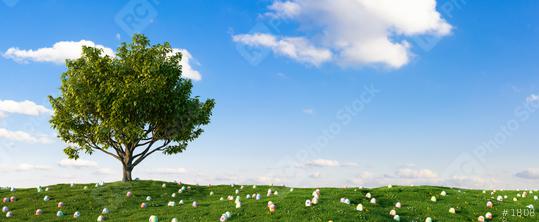 any colorful Easter eggs for Easter in the grass of a meadow around a tree  : Stock Photo or Stock Video Download rcfotostock photos, images and assets rcfotostock | RC Photo Stock.: