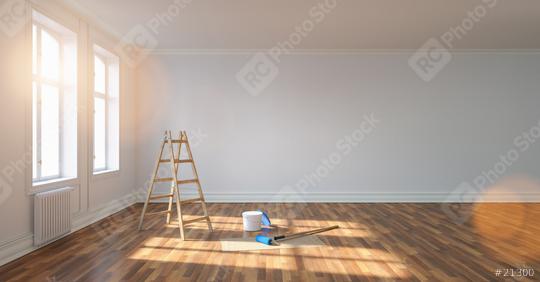 apartment Room after renovation with ladder and paint bucket. Empty white wall, banner size, panorama, with copyspace for your individual text.  : Stock Photo or Stock Video Download rcfotostock photos, images and assets rcfotostock | RC Photo Stock.: