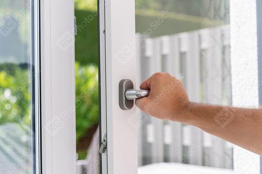 Arm open white plastic window at summer  : Stock Photo or Stock Video Download rcfotostock photos, images and assets rcfotostock | RC Photo Stock.:
