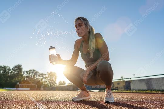 Athlete woman spitting water from mouth and holding water bootle while crouching on track field  : Stock Photo or Stock Video Download rcfotostock photos, images and assets rcfotostock | RC Photo Stock.: