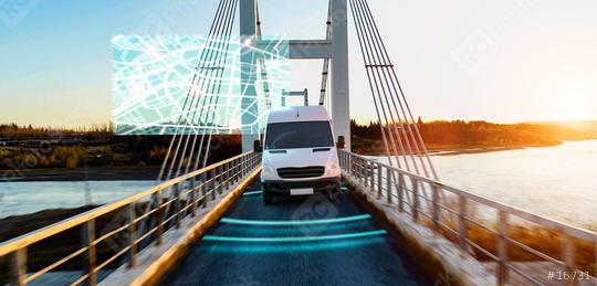 Autonomous transporter Car driving on a bridge highway with technology assistant tracking information, showing details.  : Stock Photo or Stock Video Download rcfotostock photos, images and assets rcfotostock | RC Photo Stock.: