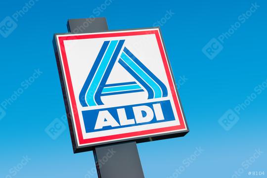 BAD PYRMONT, GERMANY OCTOBER, 2017: Aldi sign (north division) against blue sky. Aldi is a leading global discount supermarket chain with almost 10,000 stores in 18 countries.  : Stock Photo or Stock Video Download rcfotostock photos, images and assets rcfotostock | RC Photo Stock.: