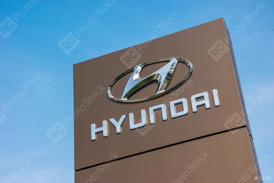 BAESWEILER, GERMANY MARCH, 2017: Logotype of Hyundai corporation on pillar over blue Sky.  Hyundai is the South Korea