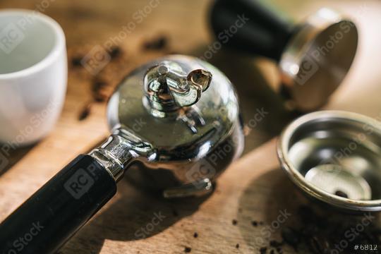 barista parts of classic coffee maker arranged on wooden table  : Stock Photo or Stock Video Download rcfotostock photos, images and assets rcfotostock | RC Photo Stock.: