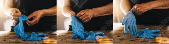 bartender or employee wearing a medical Latex gloves at work to prevent corona COVID-19 and SARS infection, collage, banner size  : Stock Photo or Stock Video Download rcfotostock photos, images and assets rcfotostock | RC Photo Stock.: