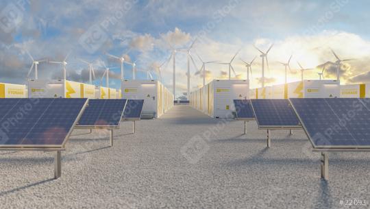 Battery storage power station accompanied by solar and wind turbine power plants. New Energy concept image  : Stock Photo or Stock Video Download rcfotostock photos, images and assets rcfotostock | RC Photo Stock.: