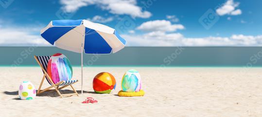 beach chair with colorful easter eggs flip-flop sandals next to a beach umbrella at the beach during a easter vacation in the Caribbean  : Stock Photo or Stock Video Download rcfotostock photos, images and assets rcfotostock | RC Photo Stock.: