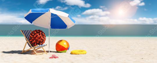 beach chair with Coronavirus coronavirus covid-19 epidemic flip-flop sandals next to a beach umbrella at the beach during a easter vacation in the Caribbean, with copyspace for your individual text.  : Stock Photo or Stock Video Download rcfotostock photos, images and assets rcfotostock | RC Photo Stock.: