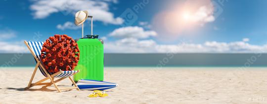 beach chair with Coronavirus coronavirus covid-19 epidemic on sand beach with Suitcase, flip-flops and parasol at summer in sunlight   : Stock Photo or Stock Video Download rcfotostock photos, images and assets rcfotostock | RC Photo Stock.: