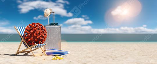 beach chair with Coronavirus coronavirus covid-19 epidemic on sand beach with business Suitcase, flip-flops and parasol at summer in sunlight, with copyspace for your individual text.  : Stock Photo or Stock Video Download rcfotostock photos, images and assets rcfotostock | RC Photo Stock.: