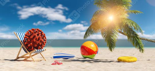 beach chair with Coronavirus coronavirus covid-19 epidemic with beach ball flip-flop sandals, beach umbrella under a palm tree at the beach during a summer vacation in the Caribbean  : Stock Photo or Stock Video Download rcfotostock photos, images and assets rcfotostock | RC Photo Stock.: