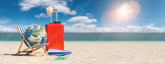 beach chair with earth globe on sand beach with business Suitcase, flip-flops and parasol at summer in sunlight, travel the world concept image, with copyspace for your individual text.  : Stock Photo or Stock Video Download rcfotostock photos, images and assets rcfotostock | RC Photo Stock.: