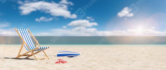 Beach chair with flip-flops and umbrella on empty sand. Beach with blue sky in summer as vacation, copy space for individual textconcept   : Stock Photo or Stock Video Download rcfotostock photos, images and assets rcfotostock | RC Photo Stock.: