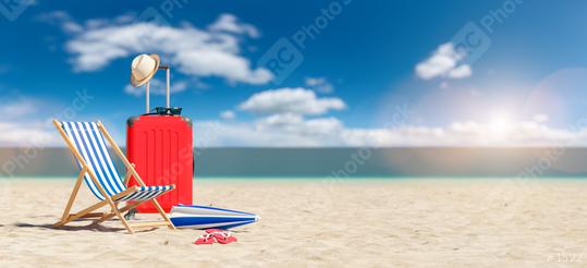beach chair with suitcase and flip-flops on empty sand at the beach under blue sky. copyspace for your individual text.  : Stock Photo or Stock Video Download rcfotostock photos, images and assets rcfotostock | RC Photo Stock.: