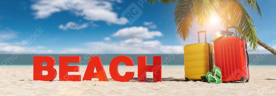 Beach concept with slogan on the beach with Suitcase, Palm tree, flip-flops and blue sky  : Stock Photo or Stock Video Download rcfotostock photos, images and assets rcfotostock | RC Photo Stock.: