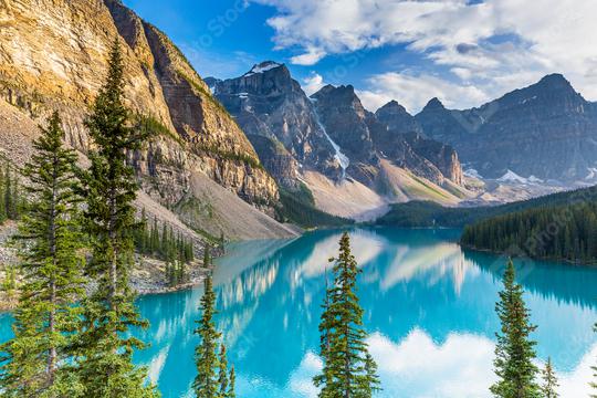 Beautiful turquoise waters of the Moraine lake with snow-covered rocky mountains in Banff National Park of Canada panorma  : Stock Photo or Stock Video Download rcfotostock photos, images and assets rcfotostock | RC Photo Stock.: