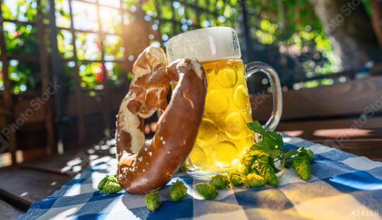 Beer mug with fresh pretzel or brezen and hops at Oktoberfest, Munich, Germany  : Stock Photo or Stock Video Download rcfotostock photos, images and assets rcfotostock | RC Photo Stock.: